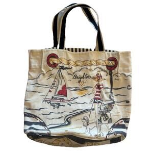 Brighton Beach Canvas Tote Bag Large White Beach Theme Graphic Print 14x15 Purse